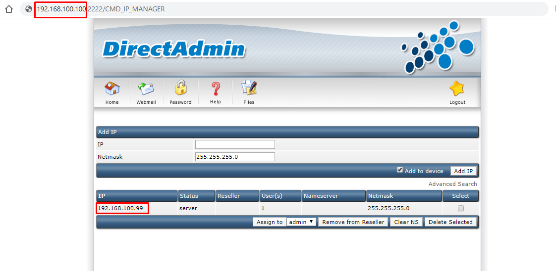 Ảnh mô tả khi server đã chuyển sang IP mới nhưng ứng dụng DirectAdmin vẫn có các cấu hình IP cũ